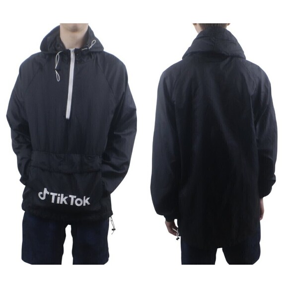 Tik Tok Men Size S Pullover Black Nylon Anorak Half Zip Hood Windbreaker Jacket - Picture 3 of 6